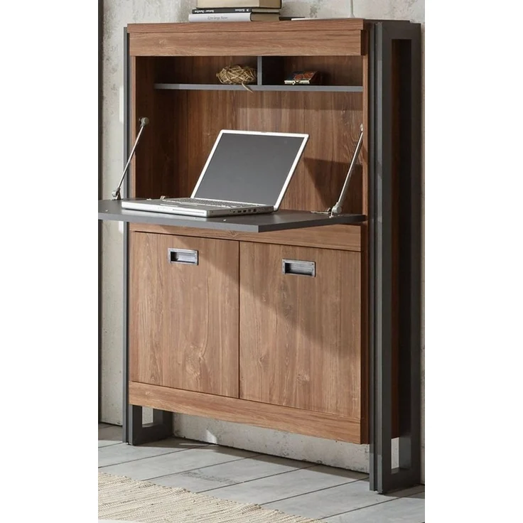 Furn. Design Sekretär Auburn (Schreibtisch in Eiche und grau, Industrial Design, 90 x 127 cm), viel Stauraum, mit Dämpfung – Bild 2