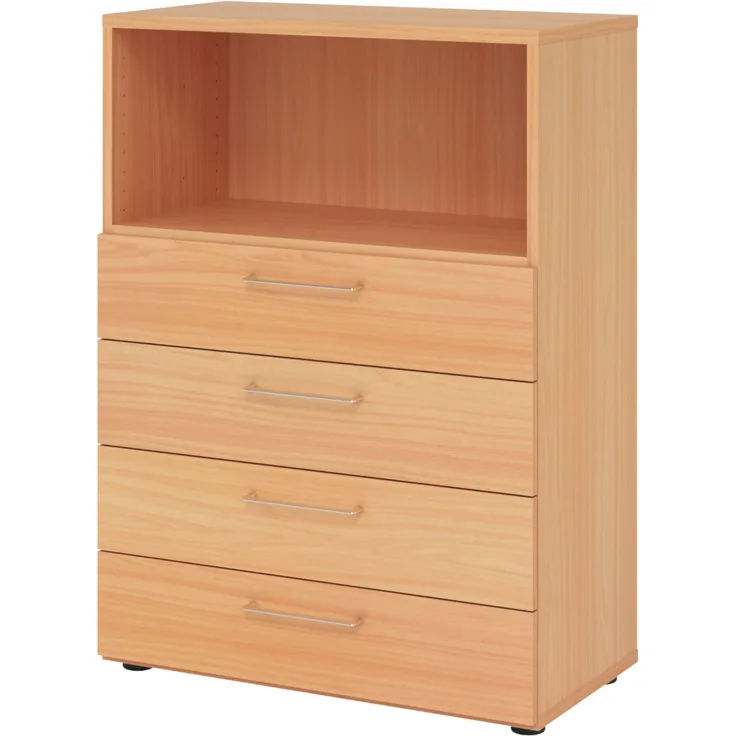 bümö smart Schubladenschrank, Büroschrank 80cm breit in Buche mit 4 Schüben & 1 Regalfach - Bürocontainer aus Holz, Container mit Metallgriffen & Soft-Stop Schubladen, 938S4-6-6-BS