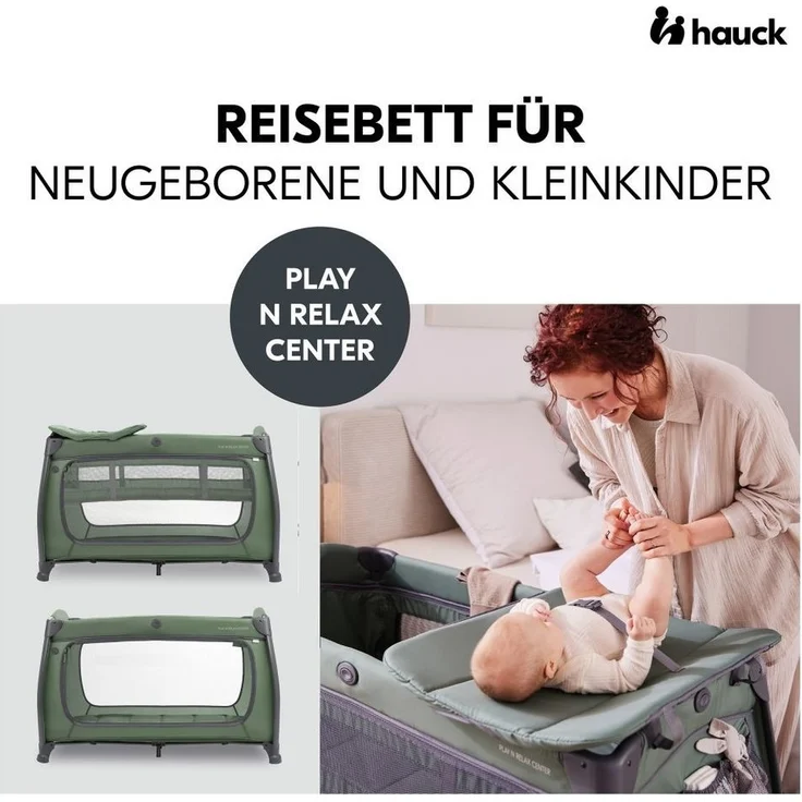 Hauck Baby-Reisebett Play'n Relax Center - Dark Green, Babyreisebett mit Matratze, Insektenschutz, Wickelauflage, Einhang – Bild 2