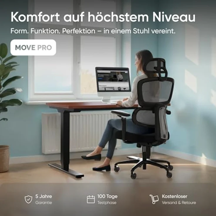 DESKSPACE® Move Pro Ergonomischer Bürostuhl mit intelligenter Lordosenstütze, 3-stufiger Neigung, höhenverstellbarer Rückenlehne, atmungsaktivem Netzgewebe, für bis zu 150 kg (Schwarz) – Bild 2