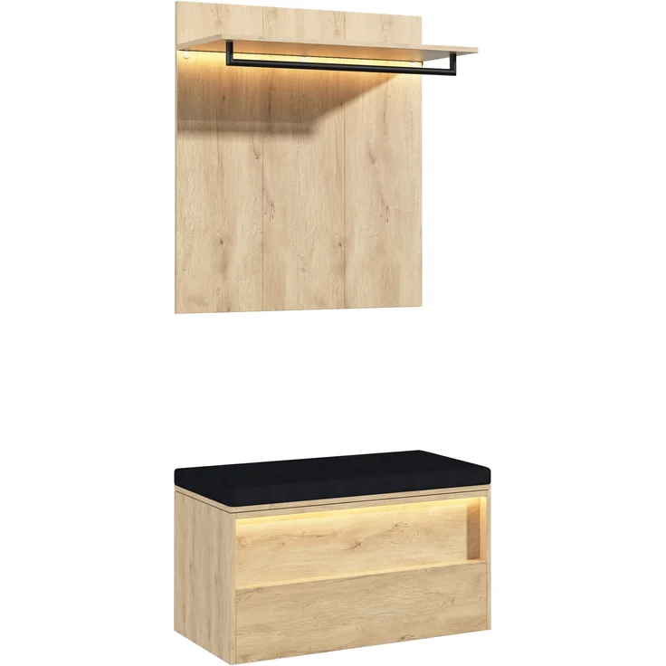 Schuhbank Wandgarderobe Set, Eingangsgarderobe, Sitzbank, mit Garderobe und Schuhbank (2-St), mit 2 LED-Beleuchtung, 1 Kissen, 1 Kleiderstange, 90 x 47 x 145 cm, anthrazit-eiche--Holz--90x47x145cm--YOUDENOVA – Bild 6