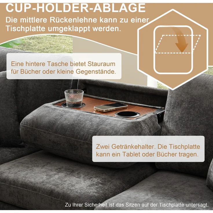 Merax Chenille-Ecksofa, 205cm L-förmiges Sofa mit Schlaffunktion, Ausziehsofa mit Hocker, Leselampe, USB&Type-C, Ausgestattet mit verstecktem Tisch, Ausklappbarer Couchtisch mit zwei Getränkehaltern, Grau – Bild 9