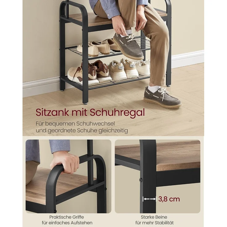 VASAGLE Garderobenständer, Garderobe, mit Schuhbank, 4-in-1 Design, 9 abnehmbare Haken, Kleiderstange, Eingangsbereich, Flur, 33,7 x 72 x 183 cm, Industrie-Design, Kamelbraun -tintenschwarz HSR040K02 – Bild 5