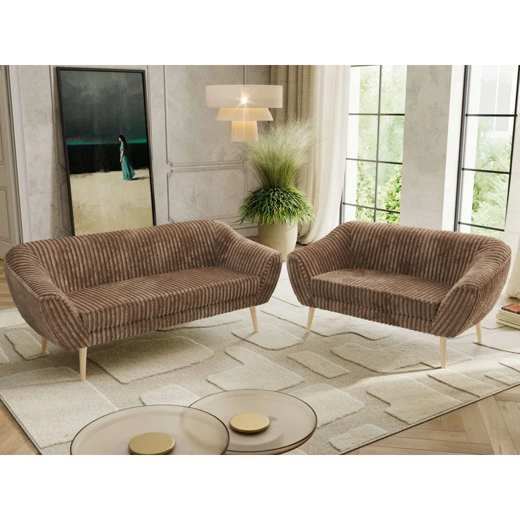 Skandinavisches Sofa Set PIRS 3-2, Komplettset, Wellenfederung, Buche Füße, Sitzgruppe, Polstermöbel Set - Braun Cord – Bild 3
