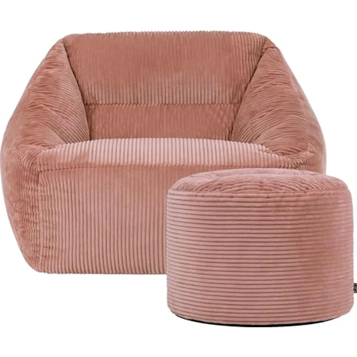 Icon Natalia Sitzsack Sessel mit Hocker für Erwachsene, Rosa, Flauschiger Cord Stoff, Riesen Sitzsack Cord mit Füllung, Bean Bag Chair, Bequemer Sessel Wohnzimmer, Lounge, Schlafzimmer, Büro – Bild 1