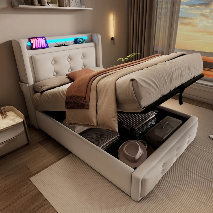Einzelbett 90x200 cm mit Kopfteil, LED-Beleuchtung, USB Type-C Steckdose, Stauraum & Baumwoll-Leinenbezug,Beige – Bild 3