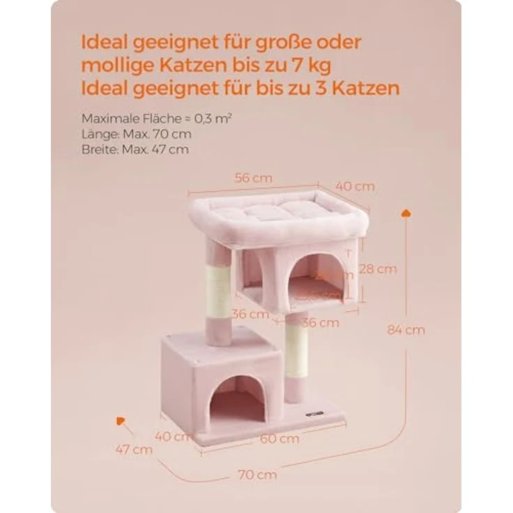 Feandrea Kratzbaum, 84 cm Katzenbaum, L, Katzenhaus für große Katzen bis zu 7 kg, große Plattform, 2 Katzenhöhlen, Sisalstämme, pastellrosa PCT061P01 – Bild 5
