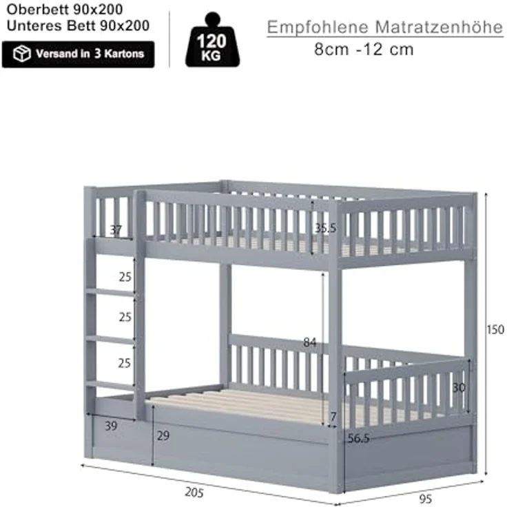 Ball & Cast Etagenbett (90x200cm) mit Massivholz Hydraulisches Lagersystem, Robustes und langlebiges Hochbett, Stabil & Rauschlos, Grau – Bild 2