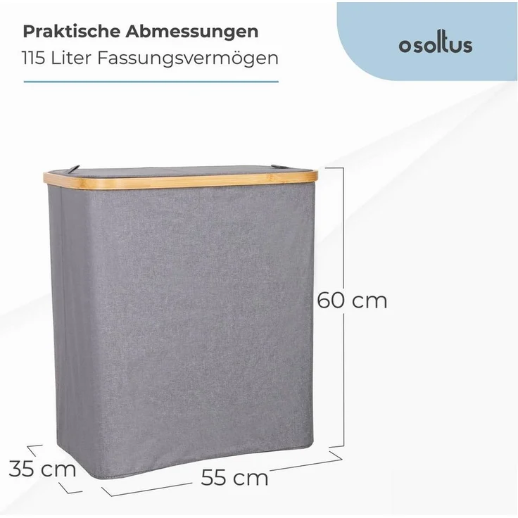osoltus Wäschesortierer Nelson 2-Fach Wäschekorb Bambus grau 60 x 55 cm – Bild 2