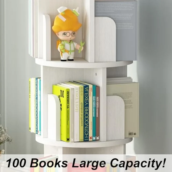 GarveeLife Drehbares Bücherregal aus Massivholz, 360-Grad-Anzeige, Aufbewahrungsregal für Kinder und Erwachsene, multifunktionaler Bücherregal-Organizer (3 Etagen, weiß, 40 x 40 x 98 cm) – Bild 3