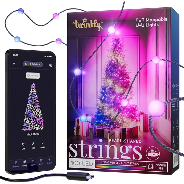 Twinkly Strings Pearls 100 LED, LED-Lichterkette in Perlenform, RGB LED-Lichter Mehrfarbig, Kompatibel mit Alexa & Google Home, Gaming-Lichter, Stromversorgung über USB-C, Grünes Kabel, 6m