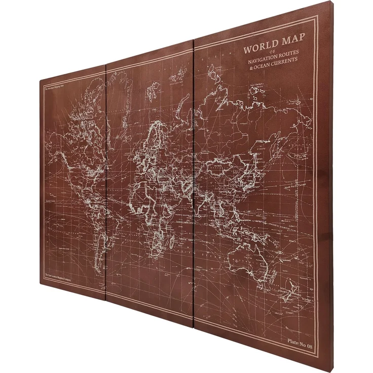 MELAYR, Handgefertigte Triptychon-Leinwandgemälde im Vintage-Stil, Weltkarte, 120 x 60 cm, 60 x 3,5 x 120 cm, Braun – Bild 2