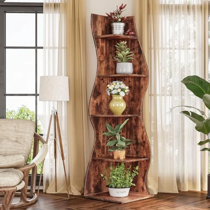 LITTLE TREE Bücherregal Ecke, Modernes Regal Schmal mit 6 Ebenen, 50 x 48 x 179 cm Bücherregal Holz, Standregal mit Wellen-Design für Kleine Räume, Wohnzimmer & Schlafzimmer, Rustikal, 2er Pack – Bild 5