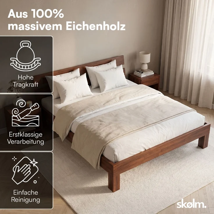 skølm 'Floki' Bett 180x200 cm, Bettgestell aus Eiche, Bettkopf 2 Streben, Massivholzbett lackiert, Walnuss Optik, geeignet als Doppelbett – Bild 3
