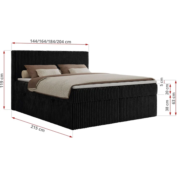 Boxspringbett mit Kopfteil und Topper Visco, Cord Bett - TILIANO - 160 x 200 cm - Schwarz Cord - H3 – Bild 5
