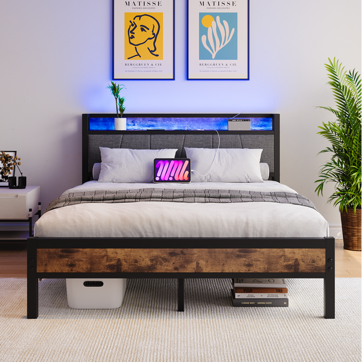 Homerecommend Metallbett 120x200 cm, Jugendbett und Einzelbett, mit RGB-LED-Beleuchtung und 2 USB-Anschlüssen, Vintage Schwarz – Bild 3