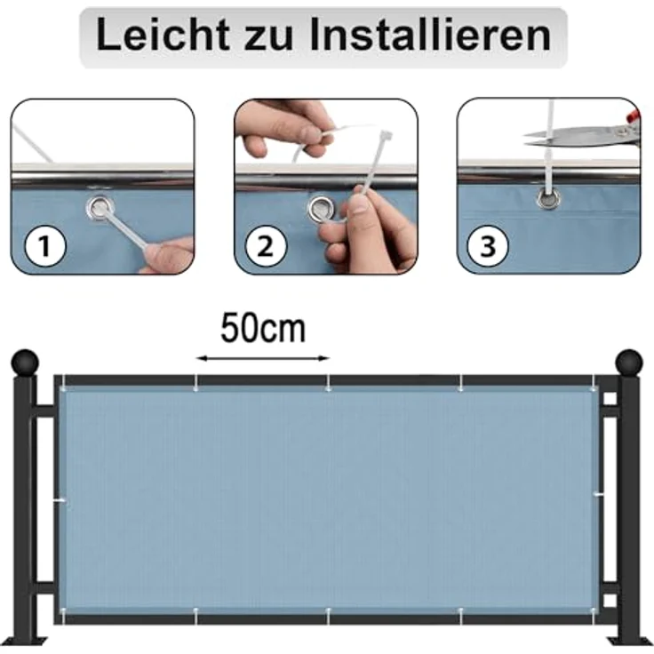 AXT SHADE Balkon Sichtschutz Wetterfest 90x500 cm Balkonverkleidung Balkonabdeckung Balkonbespannung Blickdichte Windschutz und UV-Schutz mit Kabelbinder für Balkongeländer-Graublau – Bild 7