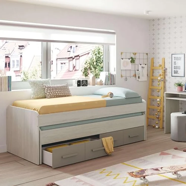 Dmora - Kinderbett Spokane, Bettgestell für Schlafzimmer, Einzelbett mit ausziehbarem Bett und 4 Schubladen, 198 x 96 x 69 cm, Weiß und Braun – Bild 7