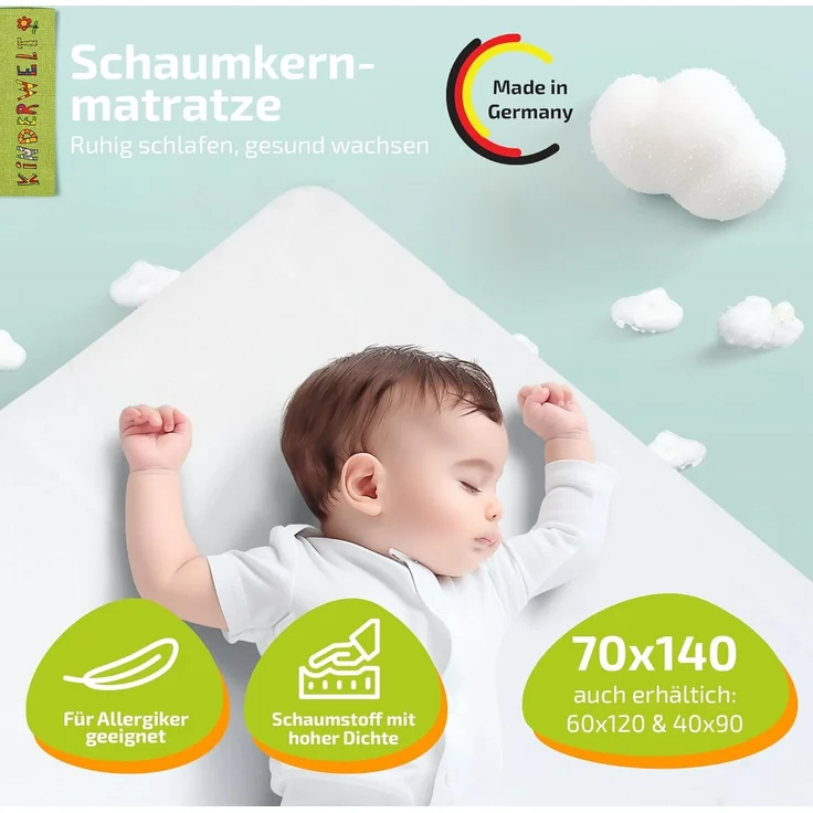 KiNDERWELT Babymatratze 70x140 cm - Schaumkernmatratze für Babys - Schaumstoffmatratze gesteppt für erholsamen Schlaf - Made in Germany - weiß – Bild 2