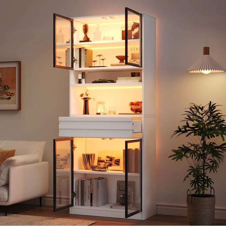 Vitrine 80 x 35 x 200 cm in Weiß mit 4 Glastüren und App-gesteuerter LED-Beleuchtung – Bild 4