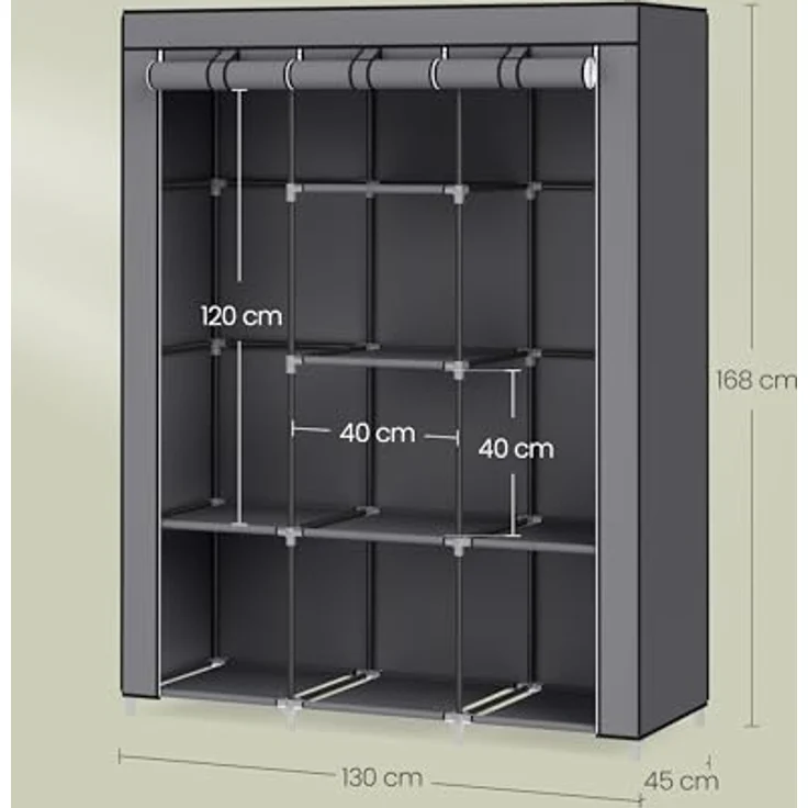 Songmics Kleiderschrank, Garderobe, Kleiderständer mit Vliesstoffbezug, Hängestangen, Ablagen, 45 x 130 x 167 cm, große Kapazität, für Schlafzimmer, Wohnzimmer, Taubengrau RYG096G01, Grau – Bild 7