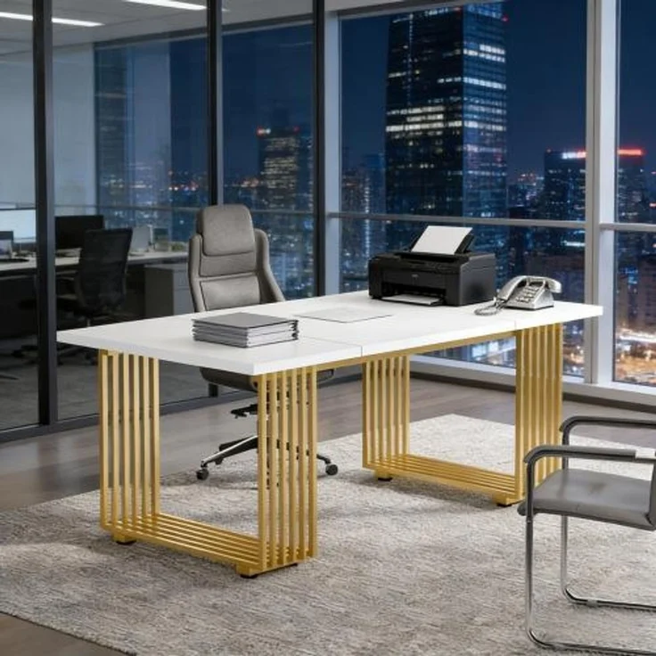 Klassischer Bürotisch,Eleganter Executive-Schreibtisch,Funktioneller Computer-Schreibtisch(nur Schreibtisch)--Gold + Weiß--180x79x79cm--YOUDENOVA – Bild 2