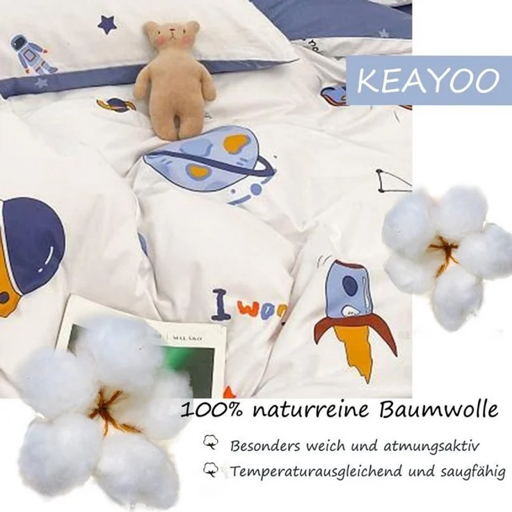 KEAYOO Bettwäsche TKLX, Baumwolle, 2 teilig, 100% Baumwolle Kinderbettwäsche mit Raumfahrzeug – Bild 4