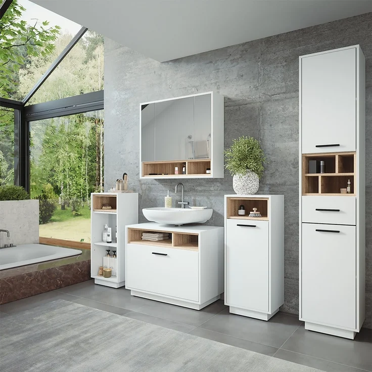 Badmöbel-Set Beatrice Weiß/Sonoma 3 Teile mit Midischrank Vicco – Bild 6