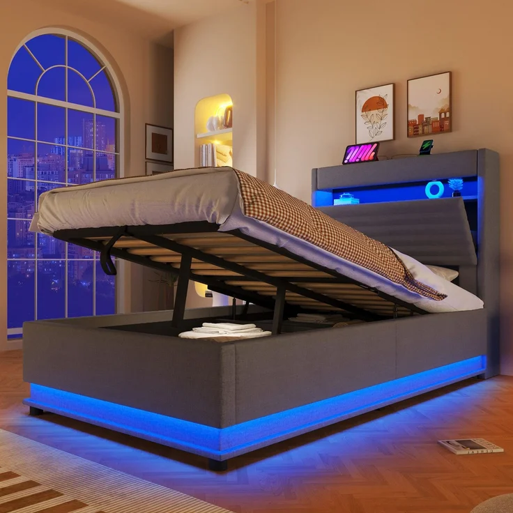 Polsterbett mit LED-Streifen, Stauraum, Schrank, USB und Type-C, 90x200 cm, gepolsterter Kopfteil mit Schrank, Einzelbett, Stauraumbett, Leinen – Bild 2