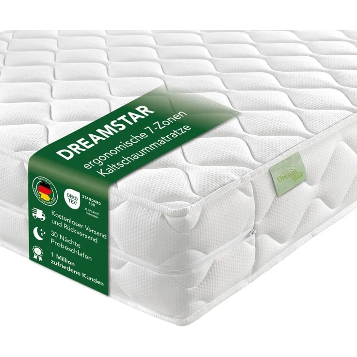 DREAMSTAR Ergo Flex | orthopädische 7-Zonen Kaltschaummatratze | 16 cm hoch | Öko-Tex Zertifiziert | Härtegrad 2 und 3 (H2 & H3)| Rollmatratze | 80x200 cm – Bild 1