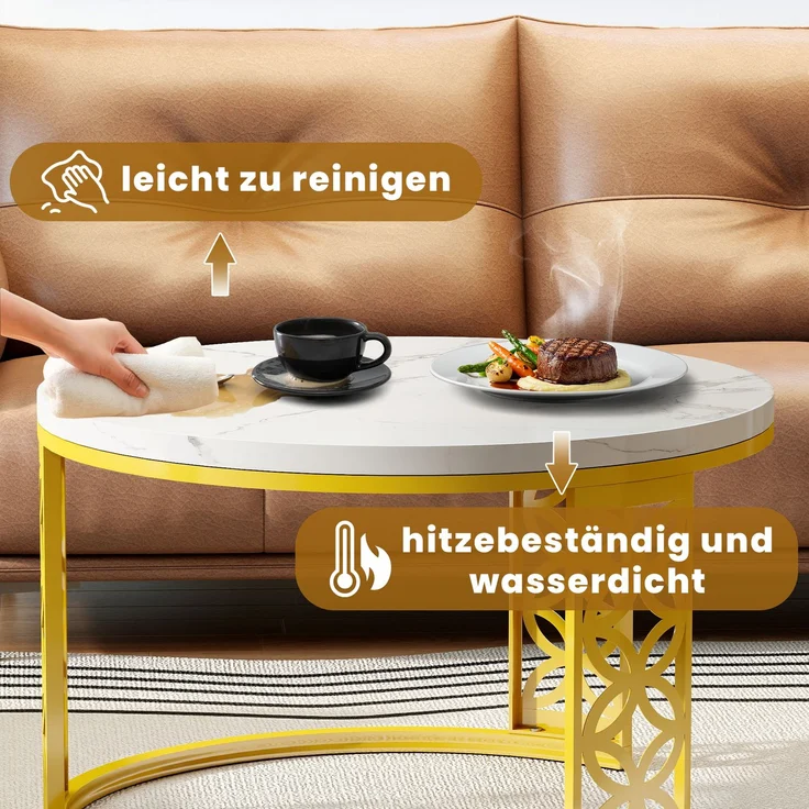 2er-Set runder Couchtisch aus Marmor-Furnier mit Kontrastdesign, nestbar, 70x70x45 cm + 45x45x37 cm – Bild 7