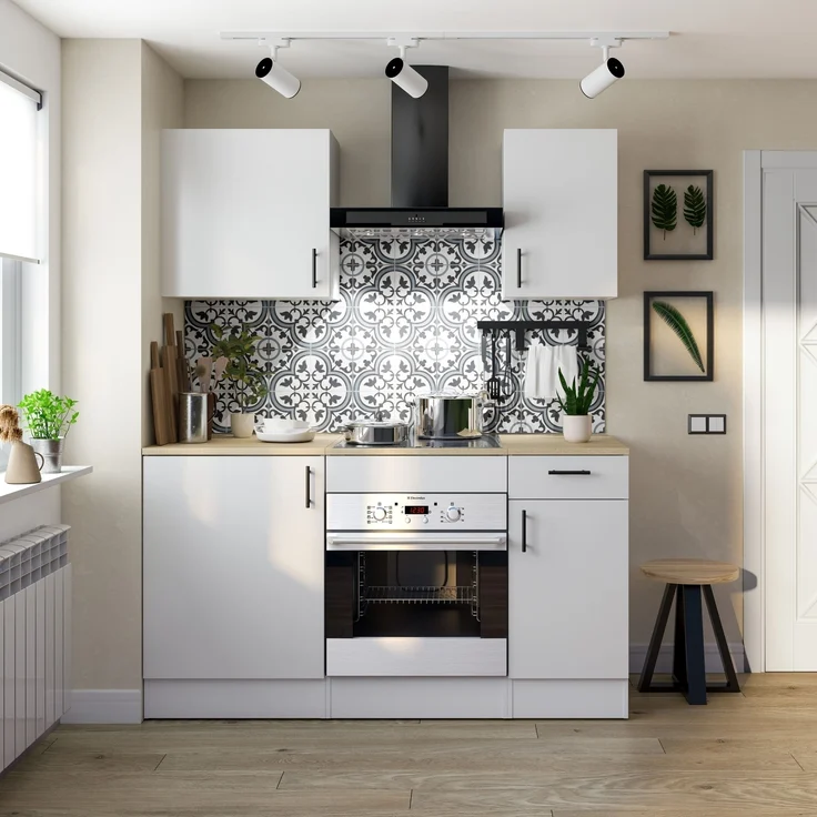 Miniküche >KIRA< in Weiß / Eiche Dekor - 160x211x60 (BxHxT) – Bild 1