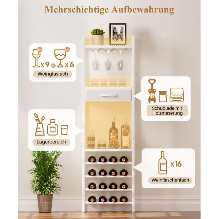 Yorbay Weinregal Vintage Design,Weinständer aus Holz& Metall für 16 Flaschen, 15 Gläser Weinregal mit Ablagefläche und Schublade, für Küche, Wohnzimmer oder als Geschenk – Bild 3