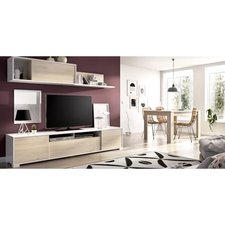 Dmora - Gruf Wandsystem, TV-Ständer-Wohnzimmerset, Mehrzweck-Wohnzimmermöbel, 200x41h180 cm, Eiche und Weiß – Bild 7