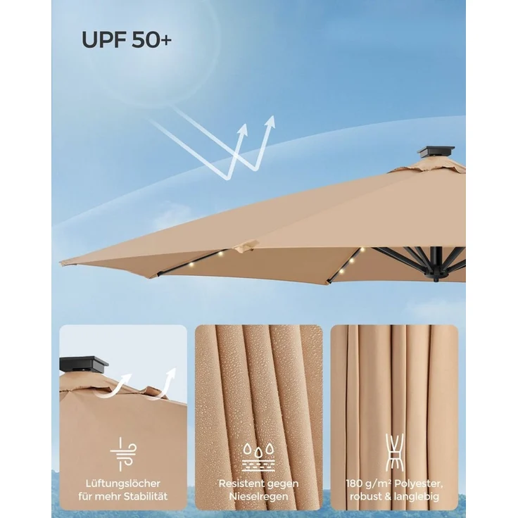 Songmics Sonnenschirm, Ampelschirm, 300 cm, 28 Solar-LED-Leuchten, UPF 50+, Gartenschirm, um 360° drehbar, Neigungswinkel stufenlos verstellbar, mit Kurbel, Kreuzfuß,kamelbraun – Bild 3