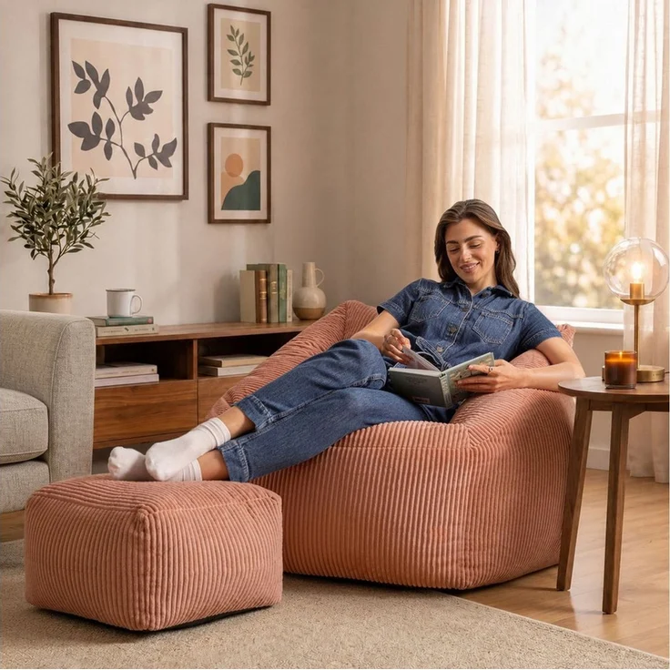 Icon Natalia Sitzsack Sessel mit Hocker für Erwachsene, Rosa, Flauschiger Cord Stoff, Riesen Sitzsack Samt mit Füllung, Bean Bag Chair, Bequemer Sessel Wohnzimmer, Lounge, Schlafzimmer, Büro – Bild 3