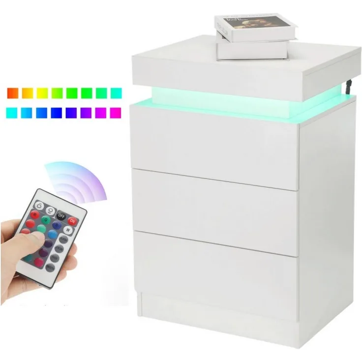 oyajia Nachttisch Hochglanz Nachtschrank mit 2 Schubladen,LED-Beleuchtung 16 Farben (Nachttisch mit LED Streifen, Beistelltisch), Nachttisch mit einstellbare Farben,Sofatisch, 45x35x55 cm Schwarz/Weiß