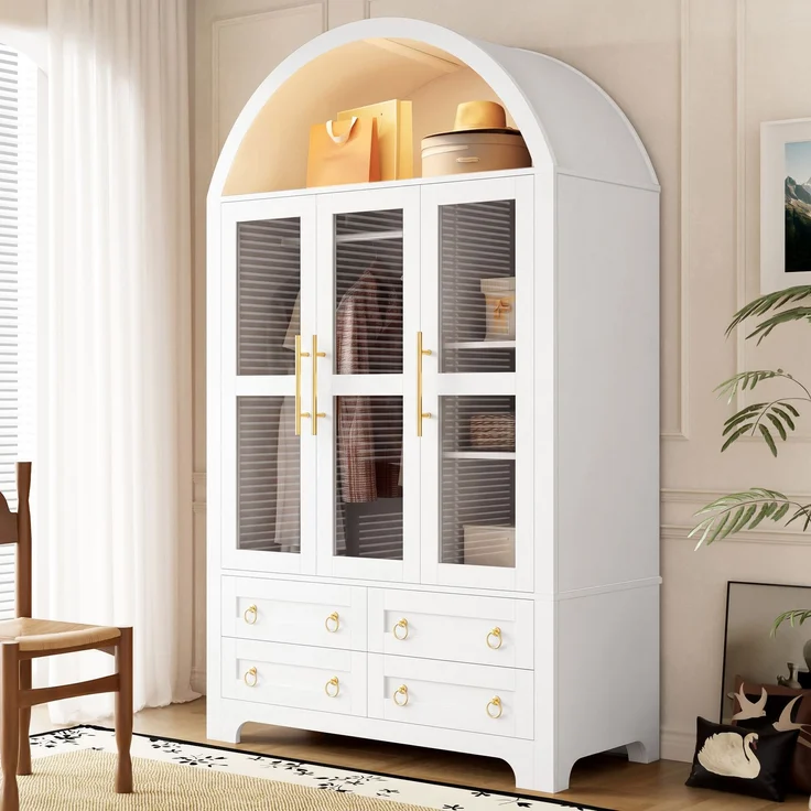 Kleiderschrank 110x50x186 cm in Weiß mit 3 Glastüren, 4 Schubladen und App-LED – Bild 1