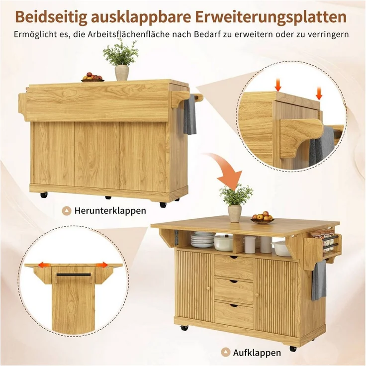 i@home Kücheninsel Küchenwagen freistehend mit Rollen und Arbeitsplatte, ausklappbarer, (mit Handtuchstange, feststellbaren Rollen und verstellbaren Böden), Servierwagen mit 3 Schubladen für Küche, 142,5 cm – Bild 4