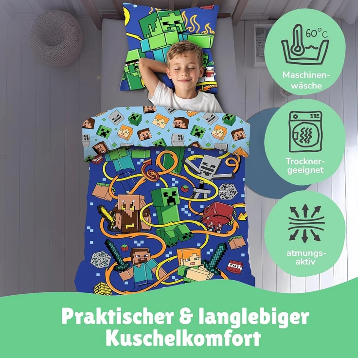 Minecraft Bettwäsche für Jungen 135x200 80x80 cm Motiv Creeper Creeps aus 100% Baumwolle – Bild 2