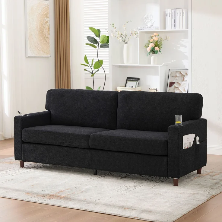 LVHOM 2-Sitzer Sofa mit USB&LED, Zweier Polstersofa Chenille Bezug, Loveseat mit Getränkehaltern, Doppelsofa Stoffsofa Loungesofa, Schwarz – Bild 1