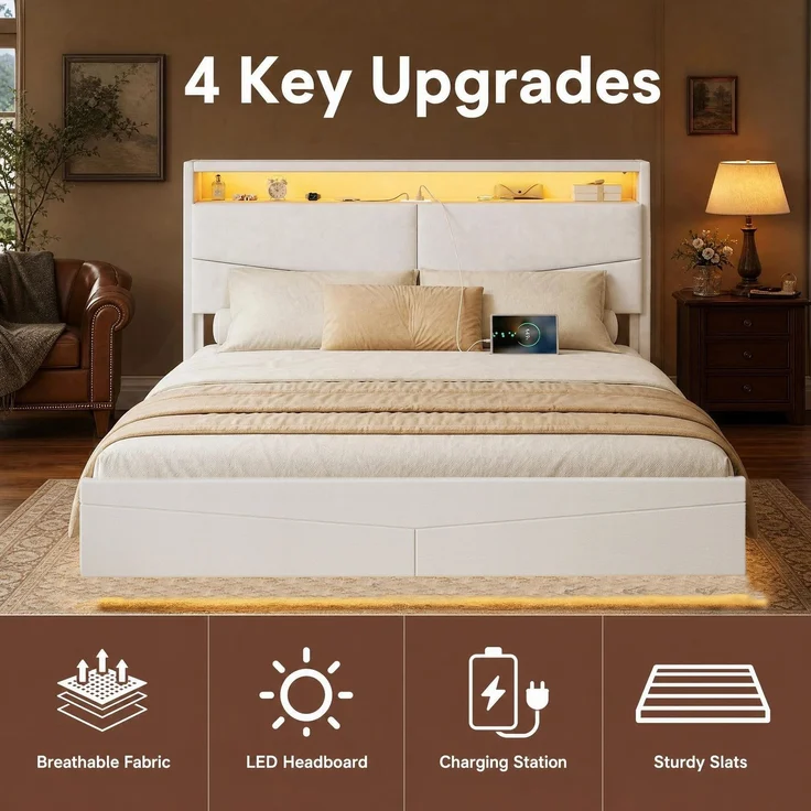 Halupeit Schwebebettgestell aus cremefarbenem Leinen mit integriertem Stauraum am Bett, stimmungsvoller LED-Beleuchtung und integrierter Steckdosenleiste; 210,5 × 146,5 × 110,0 cm – Bild 3