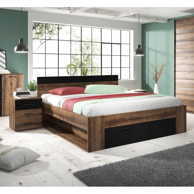 Doppelbett BETA 160x200cm inklusive Nachtkonsolen Monastery Eiche schwarz