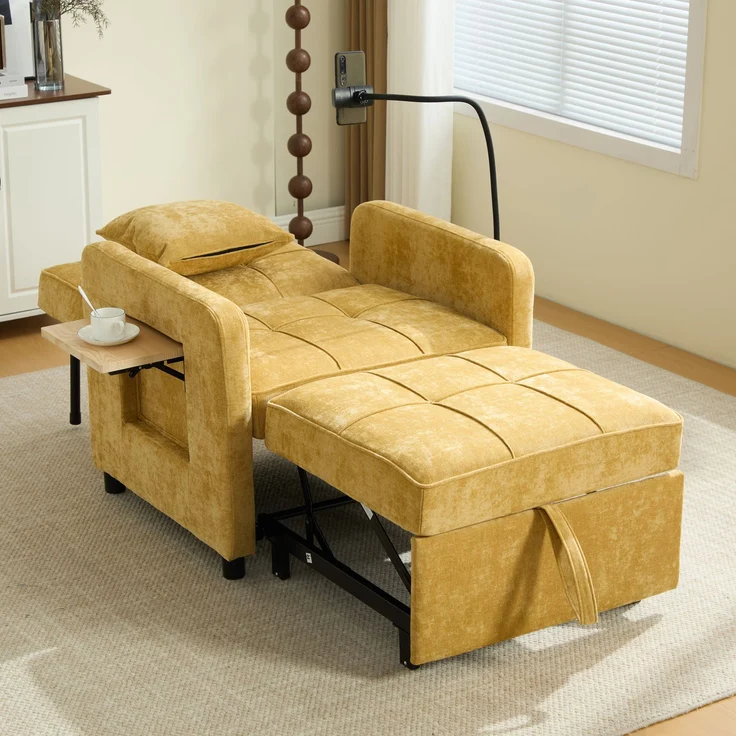 LVHOM Multifunktionaler Schlafsessel mit klappbarer Ablage, Ausziehbares 1-Sitzer Schlafsofa mit Handyhalter und Seitentaschen, Loungesessel, Gelb – Bild 10