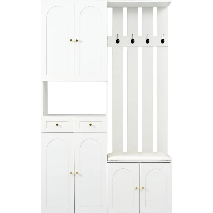 Garderobenset , Wandgarderobe; Garderoben Set mit Schuhbank und schuhrank ,4 Haken, 6 Türen, 2 Schublade, Weiß Flurmöbel (B110×H180×T37cm) – Bild 10