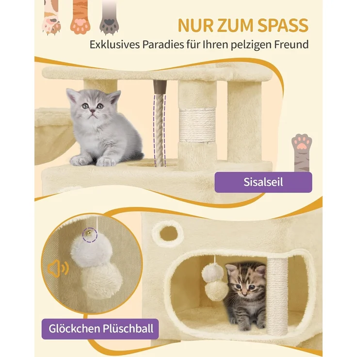 Kratzbaum, 159 cm Katzenbaum mit 8 Kratzsäulen, 3 Plattformen, 2 Höhlen, Korb, Plüschbälle, Sisalseil, Geeignet für Katzen Verschiedener Größen, Beige – Bild 6