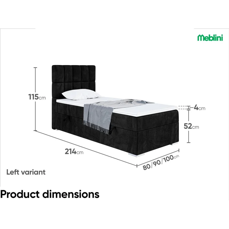 MEBLINI Boxspringbett LUKAS 90x200cm Links - H4/Schwarz Samt - mit Bettkasten - Gepolstert Einzelbett mit Topper & Taschenfederkern-Matratze – Bild 7