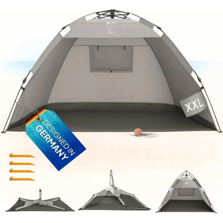 EXPLORER XXL Automatik Strandmuschel mit UV Schutz 80+ [220 x 150 x 130 cm] kleines Packmaß leicht und schnell in Sekunden aufgebautes Strandzelt Sonnenschutz Muschel automatisch Windschutz grau-Sand