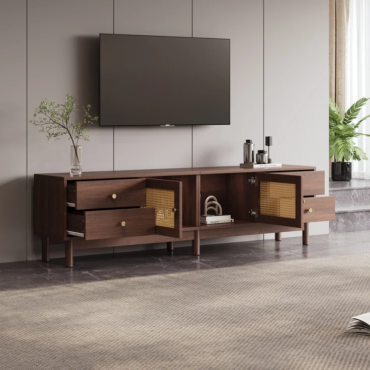 TV-Schrank, mit 2 Rattantüren, 4 Schubladen & Kabelmanagement, 180x35x44 cm, Braun – Bild 5