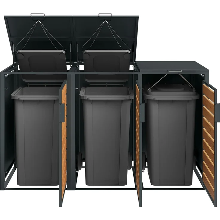 STEELSØN 'Kestra' Mülltonnenbox 3er je 240 Liter, anthrazit mit Holzoptik, Mülltonnenverkleidung aus Stahl, wetterfest, 116x80x203 cm, Müllbox für 3 Tonnen – Bild 11